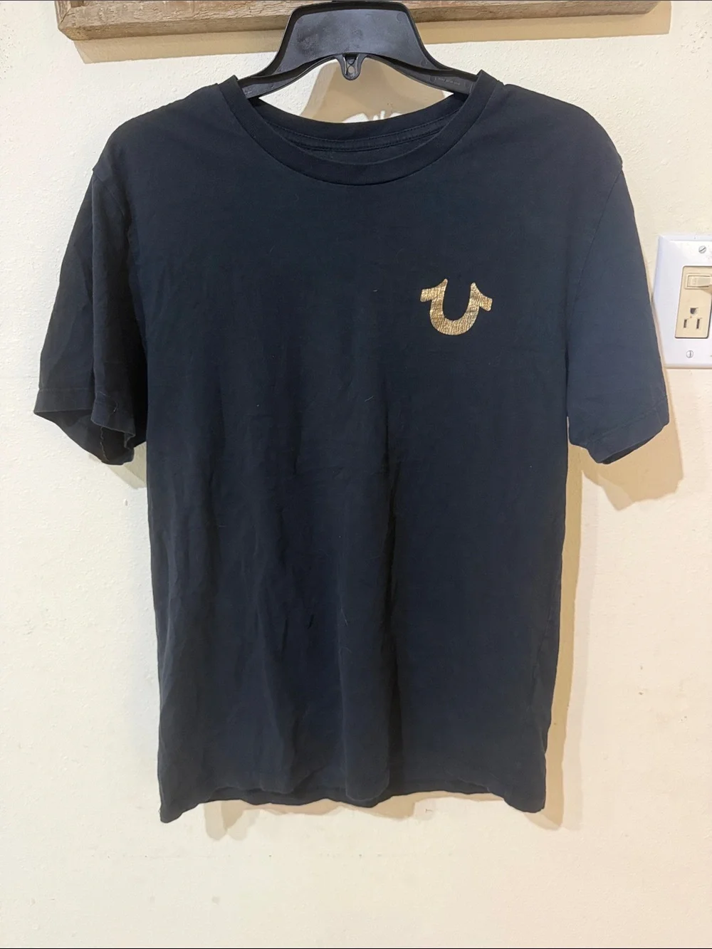 True Religion Black T-Shirt with Gold Graphic Buddha Guitar